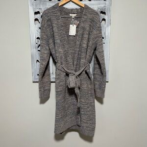 NEW BAREFOOT DREAMS Cozy Chic Heather Pink Clay Gray Marled Tie Midi Robe S